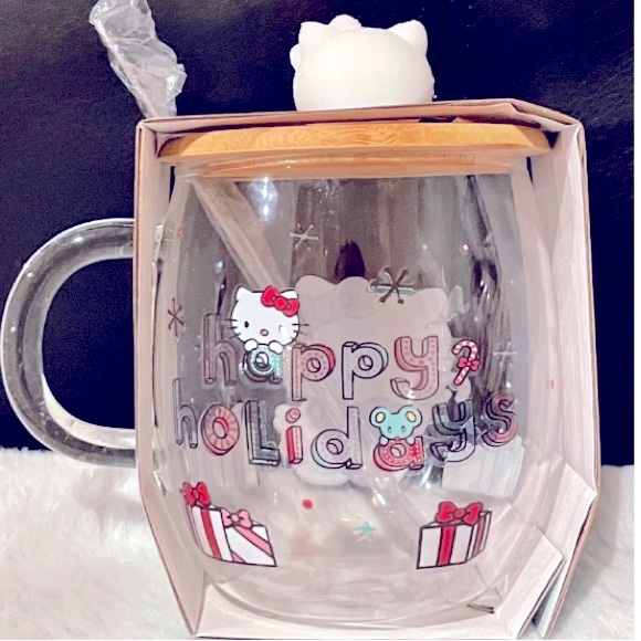 Hello Kitty Glass Mug Christmas Holiday Striped Dress Wood Lid Topper Spoon - Picture 2 of 5